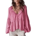 thumbnail image 2 of JoveMarine Women's Loose Fit Long Sleeve Blouse with Ruffle Trim and Puff Sleeves Deep V-Neck Sexy Top Sweet Casual Shirt for Spring/Summer Pink 3XL, 2 of 6