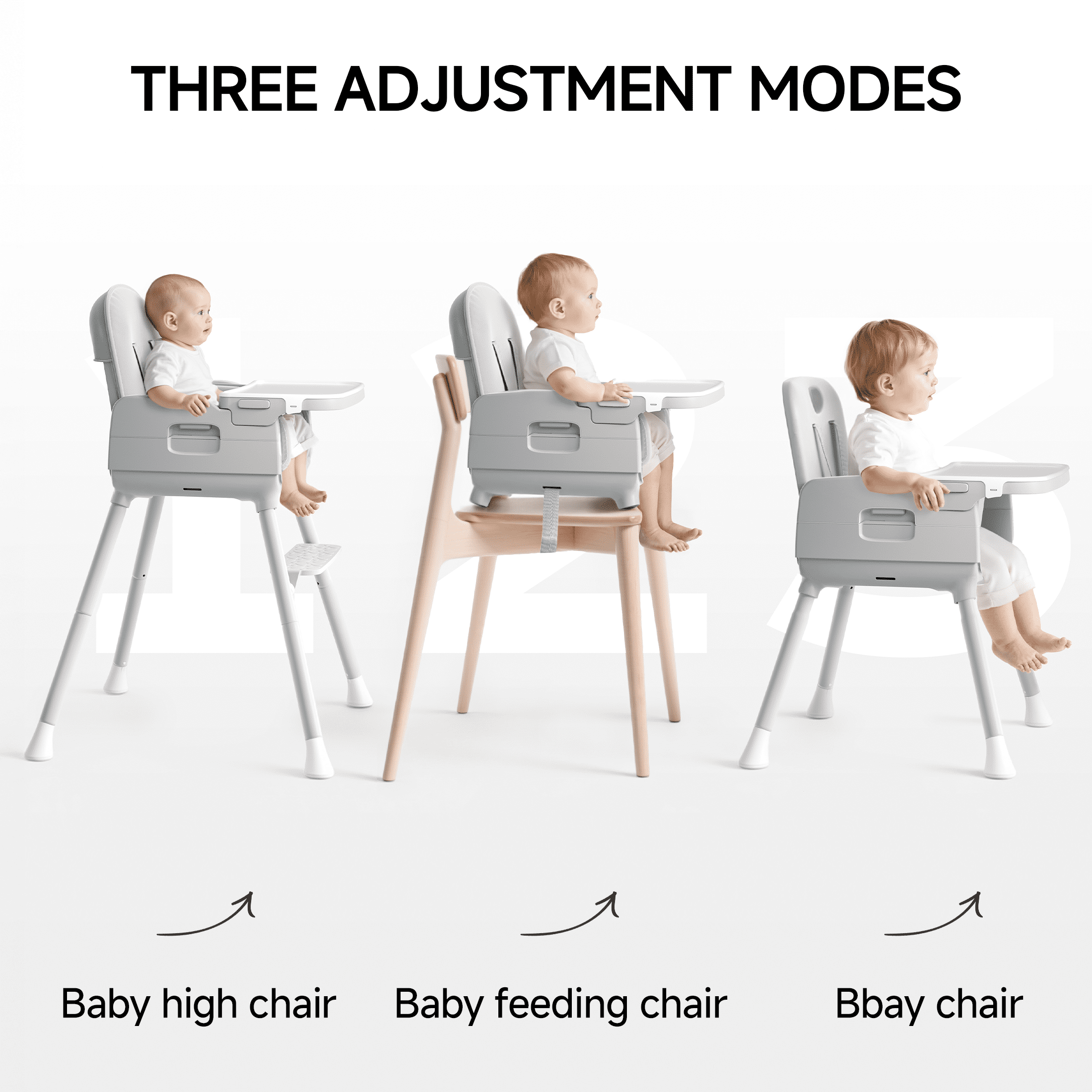 Babyomi 3-in-1 foldable Baby high chair, convertible highchairs for babies and toddlers with Adjustable Legs & Dishwasher Safe Tray, for6 months to 5 years old，Grey
