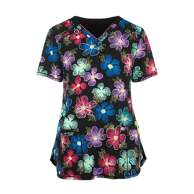 MAWCLOS Casual Loose Tops for Womens Short Sleeve V Neck Scrub Tops Graphic Print Tee Shirts