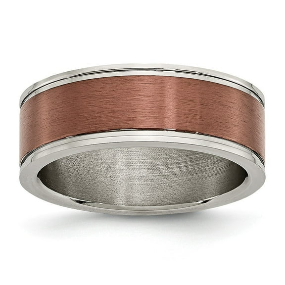Titanium Grooved Edge 8mm Brown Plated Brushed and Polished Band Ring - Size 12.5