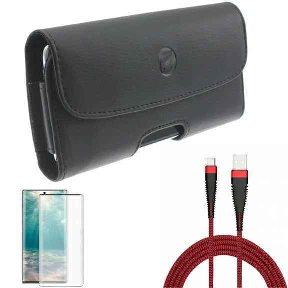 Screen Protector & Case Belt Clip & 10ft USB Cable for Samsung Galaxy Note 20 (6.7") - Combo with Tempered Glass (Fingerprint Unlock) & Leather Holster & Type-C Charger Cord