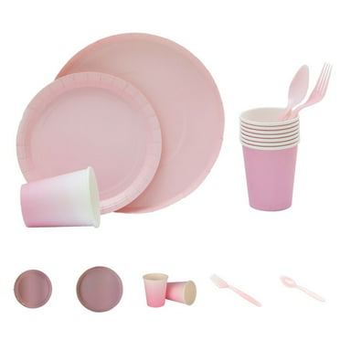 Oraceous 40pcs/set Paper Plates Cup Plastic Fork and Spoon Tableware Set for Birthday Wedding Festival (Pink)