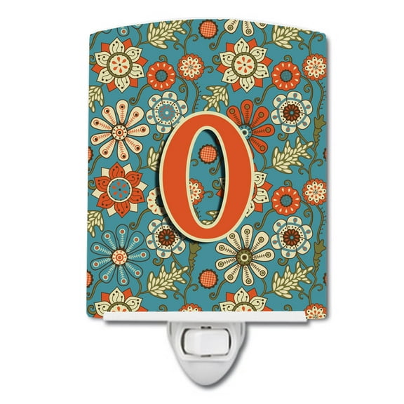 Caroline's Treasures CJ2012-OCNL Letter O Flowers Retro Blue Ceramic Night Light, 6x4x3", multicolor