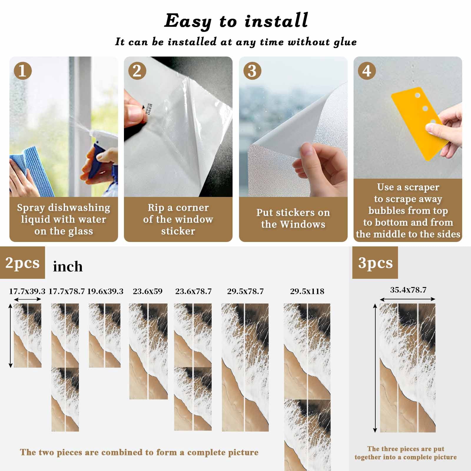 Abstract Wave Effect Window Privacy Film, Brown Gradient Beach Frosted Glass Window Clings Static Cling UV Heat Blocking Reusable Door Sticker for Bathroom 23.6 x 59 Inch