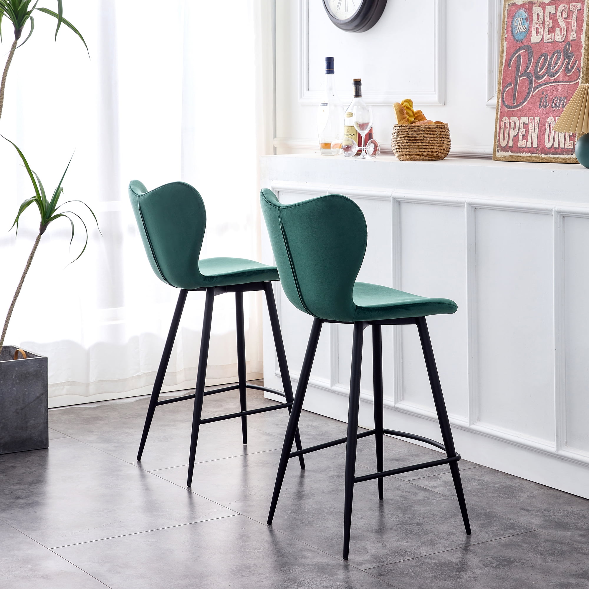 Resenkos Upholstered Velvet Bar Height Barstool Set of 2 with Back and Metal Legs, Modern Counter Height Dining Chair Dark Green