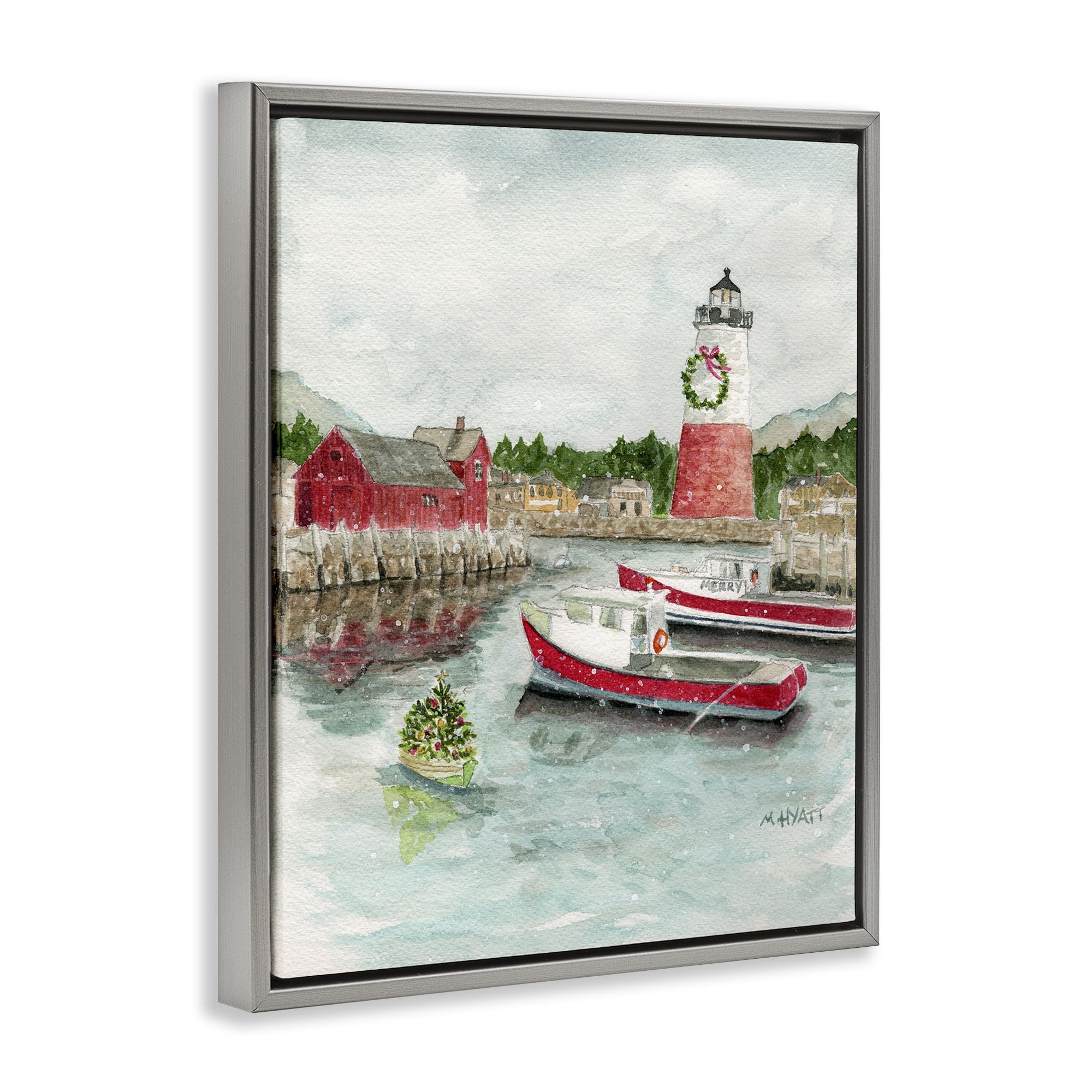 Stupell Industries Coastal Christmas Harbour Holiday Painting Gray Floater Framed Art Print Wall Art, 25 x 31