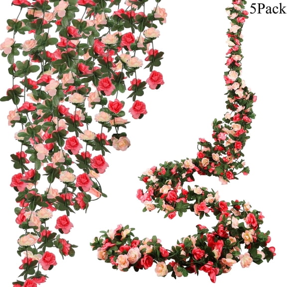 Flower Garland 5Pcs 41Ft Artificial Rose Vine - Fake Hanging Flowers for Wedding Arch Decor, Garden Background & Hanging Baskets (Pink)