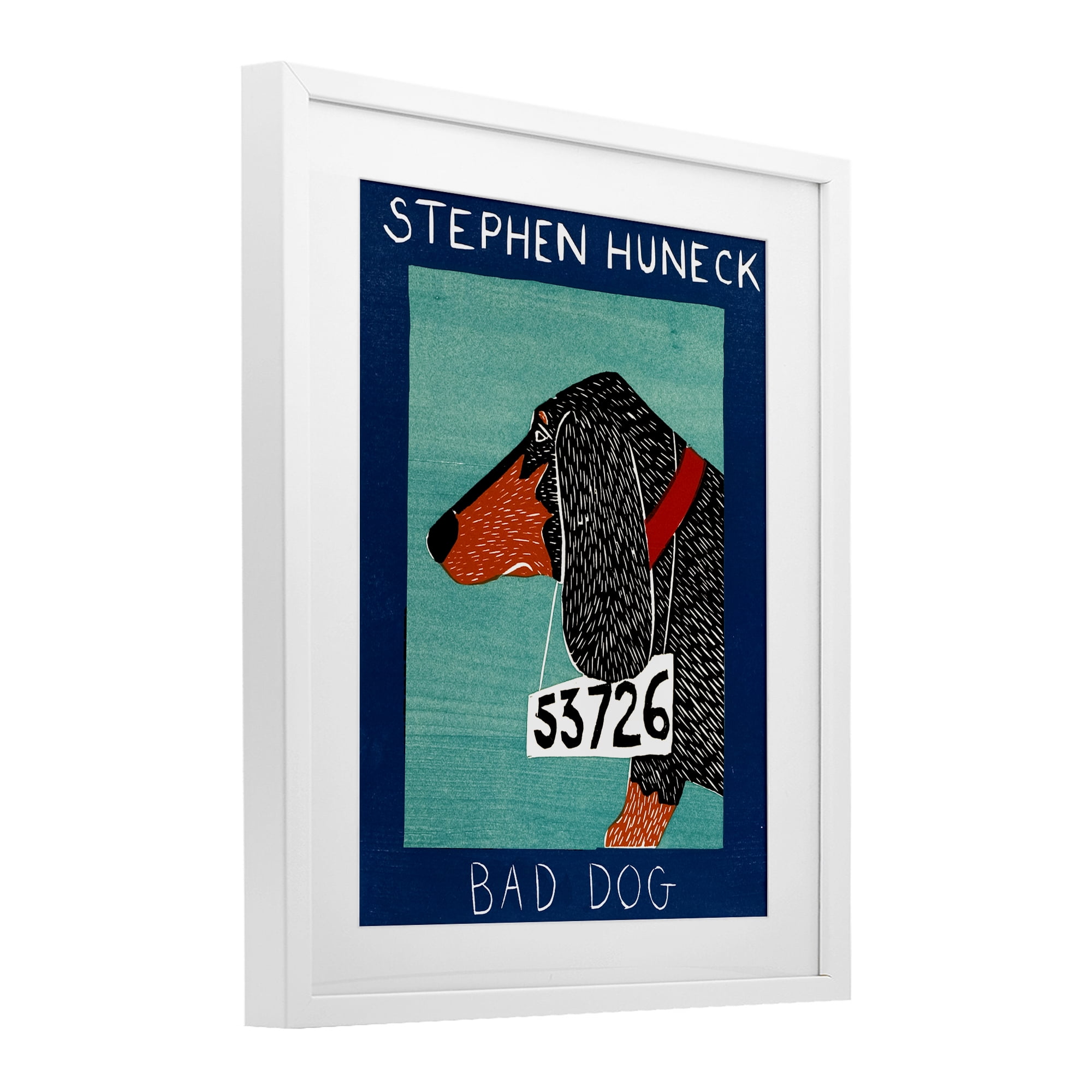Bad Dog Dachshund White Framed Print Under Glass, design by Stephen Huneck