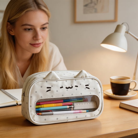 Large Capacity Pencil Pouch Boxs, Cute White Pencil Case Marker Organizer, Cat Shape Zipper Pouches with Clear Window, Pencils Dispenser for Classroom Office School
