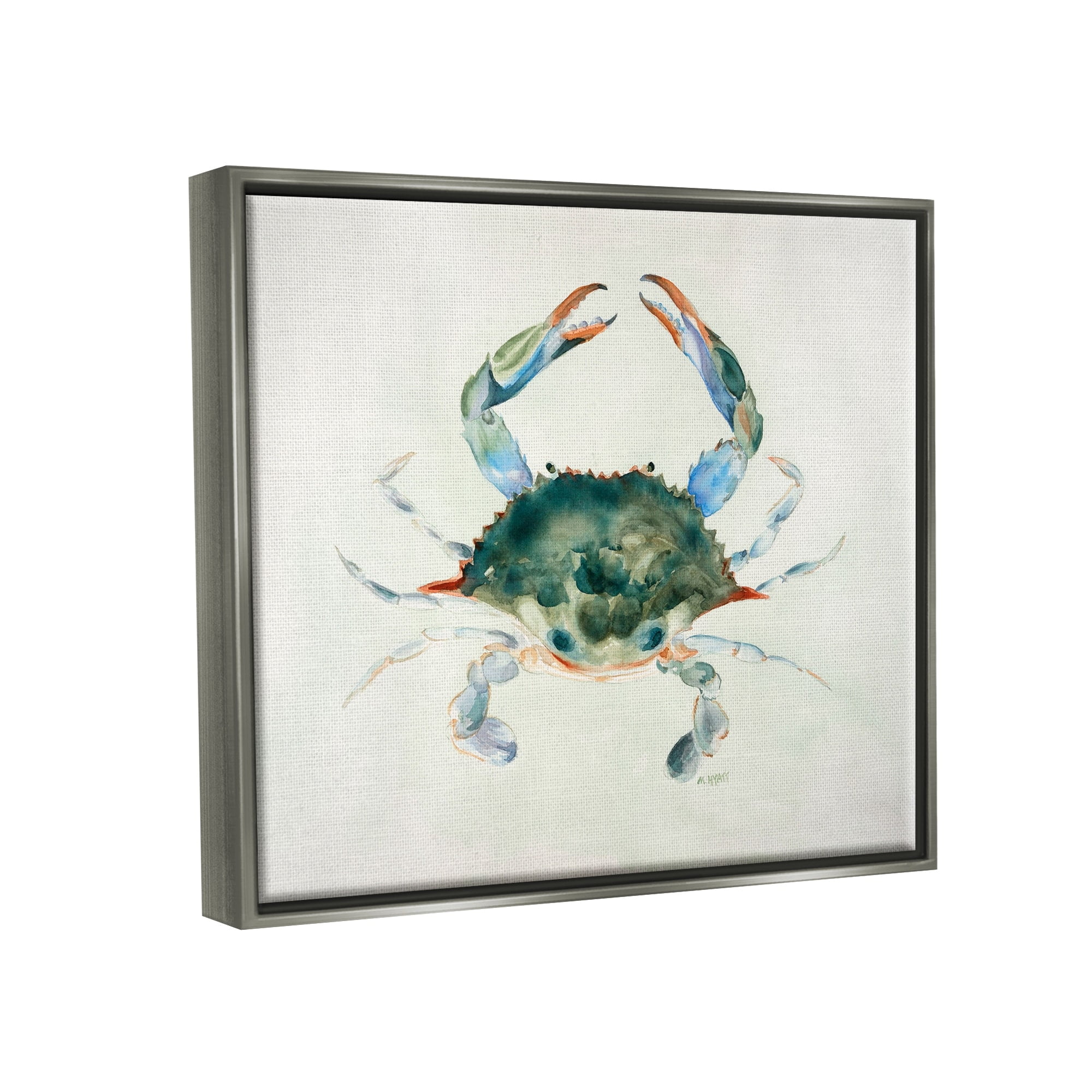 Stupell Industries Blue Sea Crab Over Beige Soft Watercolors Luster Gray Framed Floating Canvas Wall Art, 24x30, by Melissa Hyatt LLC