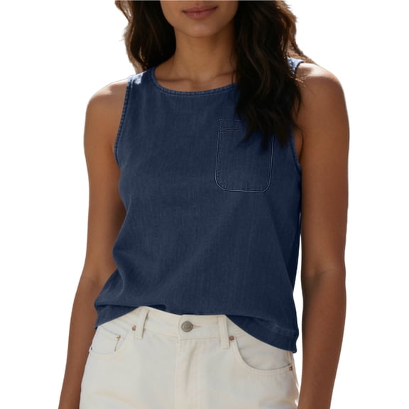 Husipze Women's Classic Denim Tank Top Sleeveless Crew Neck Solid Color Shirt with Pockets Summer Casual Blouse Navy XXL