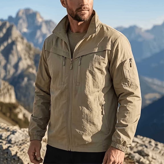 SGFCWSX Men's Lightweight Jacket Regular Fit Stand Collar Full Zip Windbreaker Outdoor Jackets with Multi Pockets Khaki Size 2XL