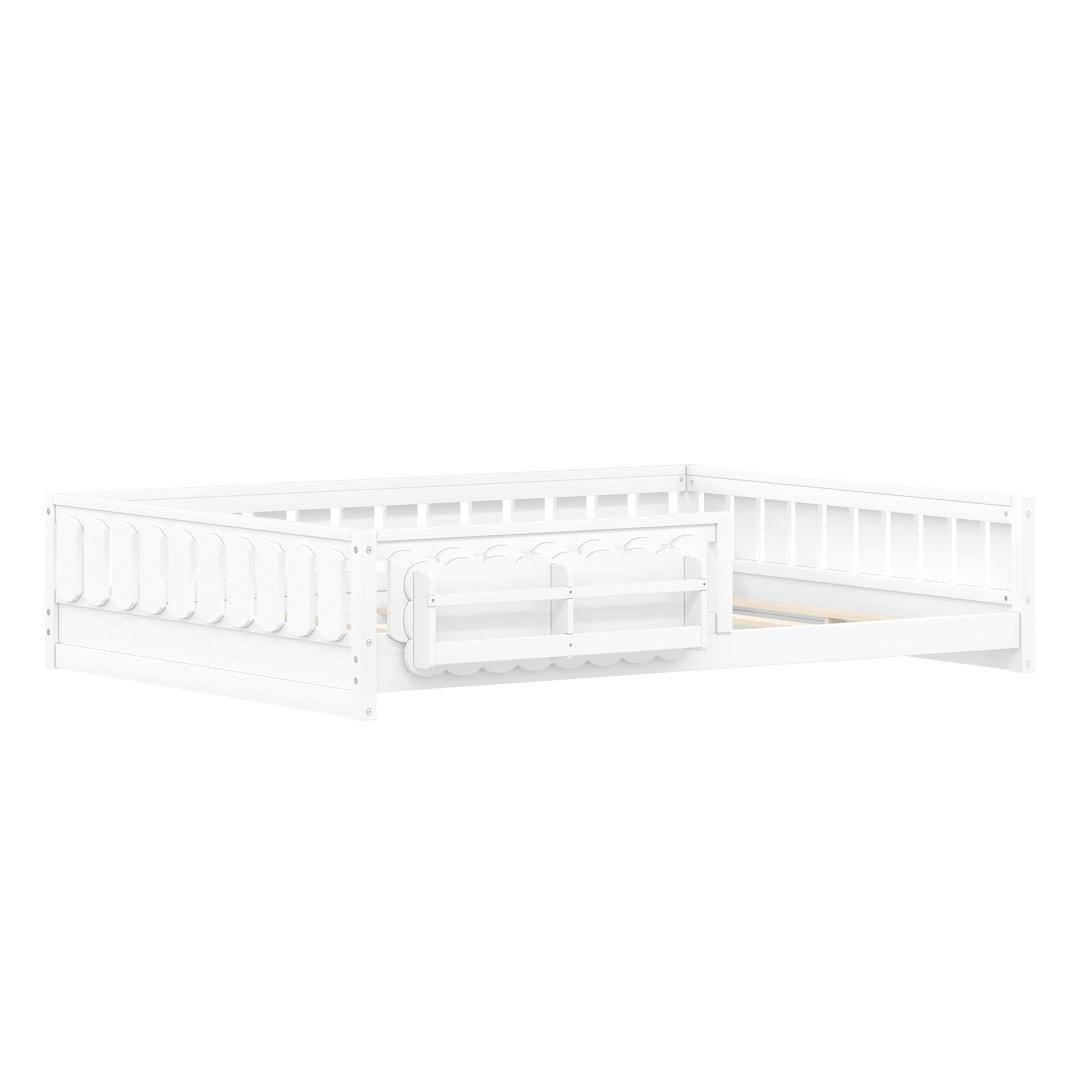 Euroco Wood Full Size Platform Bed with Shelves, Floor Bed with Guardrails, White