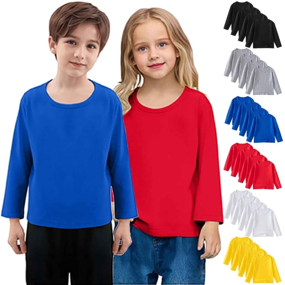 yillto 4 Pack Kids Shirt Long Sleeve Tops Crew Neck Basic Shirts Solid Color Loose Tshirt 1-11 Years