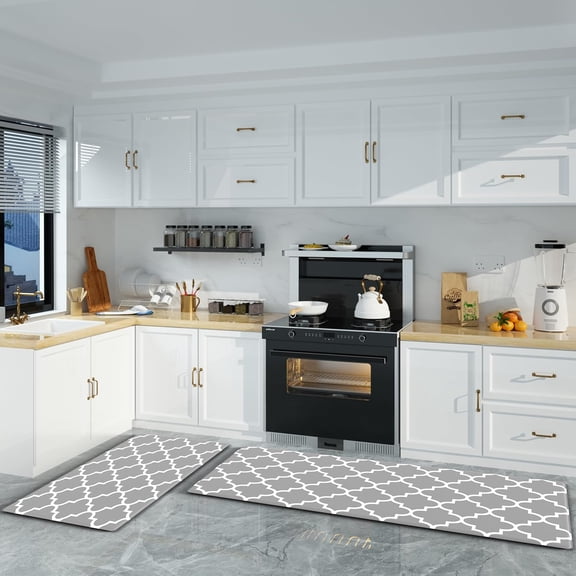 Kitchen Rug Set 2 PCS Kitchen Runner Rug Kitchen Floor Mat, Cushioned Anti-Fatigue Non Skid Waterproof Comfort Standing, 17.3"x29" 17.3"x47", Grey
