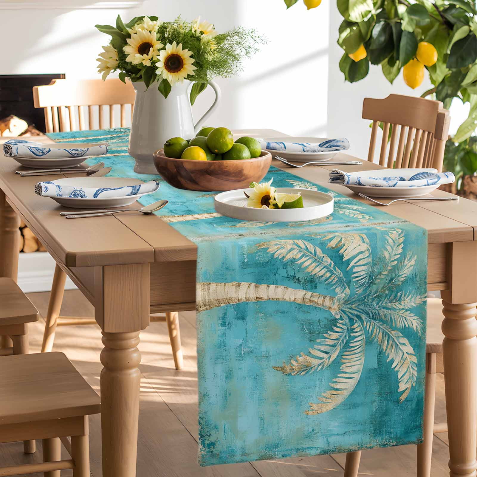 Green Tree Coastal Beach Cotton Linen Table Runner for Dining Kitchen, Vintage Tropical Plant Wedding Outdoor Party Tablerunners Decoration, Dresser Scarf Coffee Tablecloth Runners 13x70 Inches