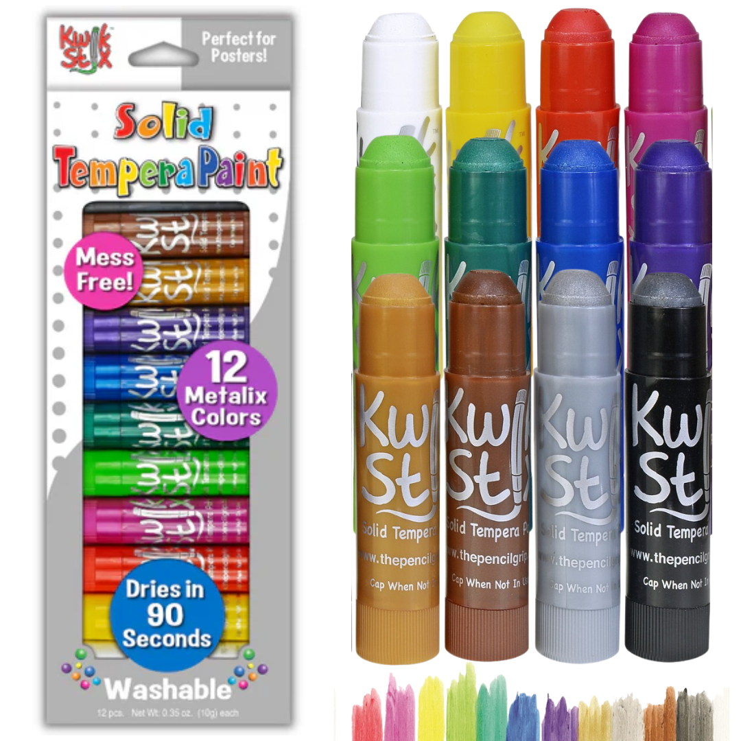 Kwik Stix Solid Tempera Paint Sticks Bundle, 24 Count (2 Packs of 12), Classic & Metallic Colors, Washable, Quick-Drying, Non-Toxic