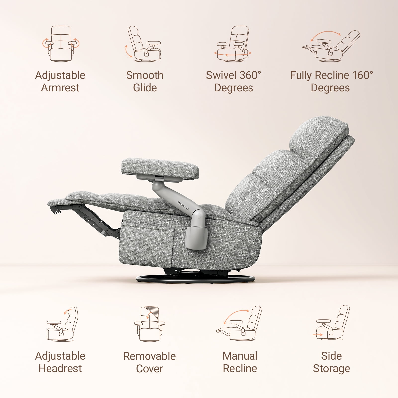 MAMAZING Nursery Chair Silent Rocking Ergonomic Removable Swivel Glider Recliner, Adjustable Armrests & Headrest, Gray