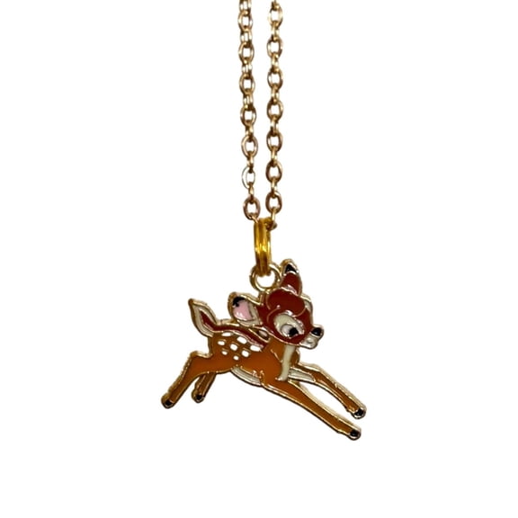 Bambi Necklace Cartoon Deer Enamel Metal Pendant in Small Velvet Bag