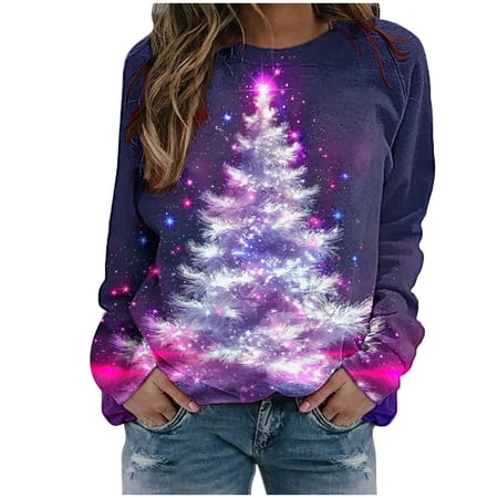 asdoklhq Christmas Womens Christmas Tops Womens Christmas Santa Claus Printed Shoulder Length Long Sleeved Round Neck Top/shirt Multicolor 5X
