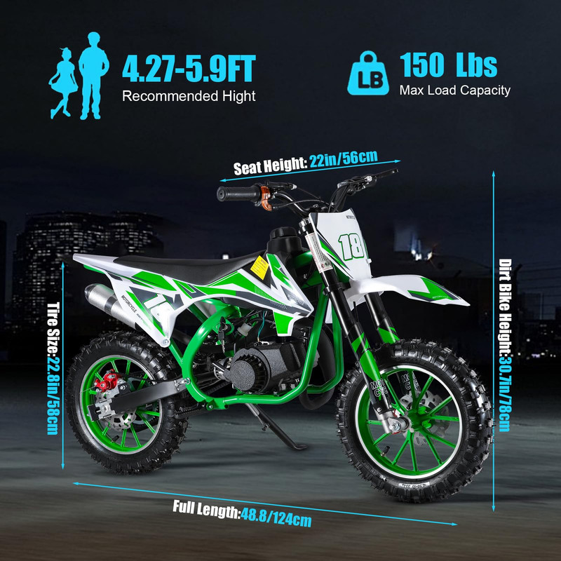 49cc 2-Stroke Dirt Bike Gas for Kids | Mini Bike | Pocket Motor & Power Motorcycle | Off-Road Moto | Front Rear Disc Brakes | Inverted Hydraulic Shock Absorption | Easy Pull Start | Birthdasy Gifts