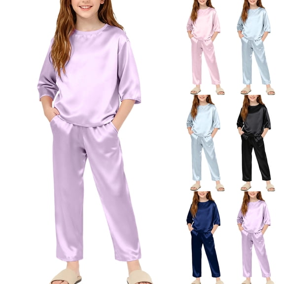 QSXADF Kids Sleepwear Set Long Sleeve Tops & Pants Solid Satin Long Sleeve Sleepwear Set With Long Pants Nightwear Home Kids Clothing Set Children Outwear