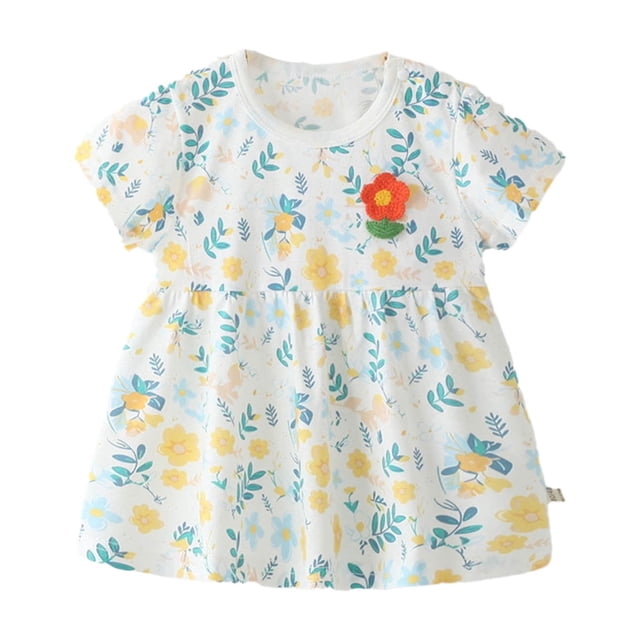 Robes Décontractées pour Filles Été Imprimé Floral Col Rond Manches Courtes Robe Ample Quotidienne, Jaune, 5-6 Ans