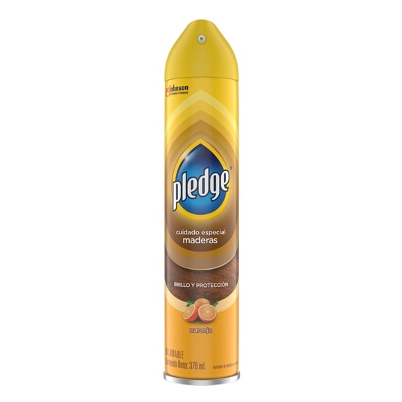 Lustrador de muebles Pledge maderas en aerosol aroma naranja 378 ml