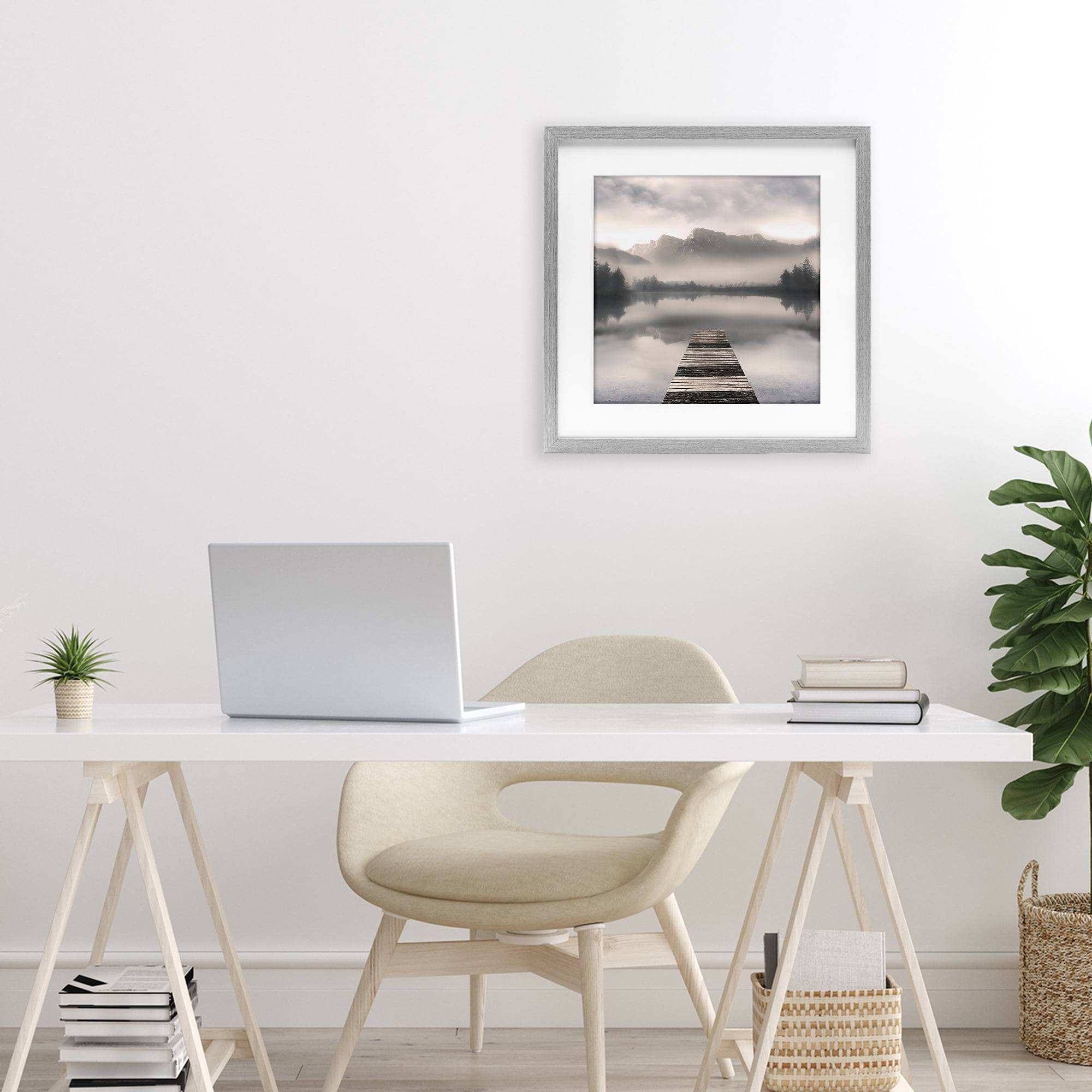 Stupell Industries Calm Reflective Waters & Mountains Gray Framed Print Under Glass, design by Irene Weisz