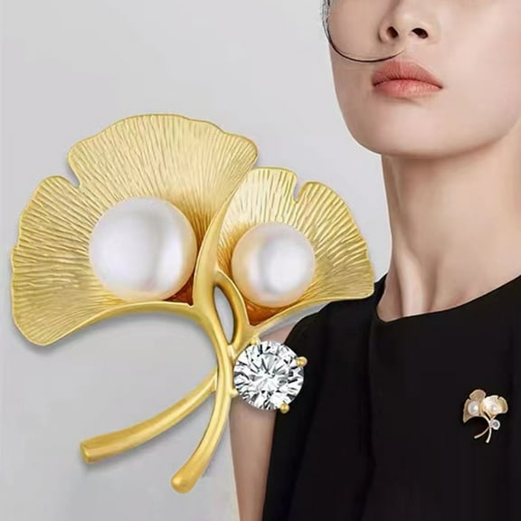 SmartBy Women Brooch Faux Pearl Decor Ginkgo Leaf Stainless Vintage Anti-slip Coat Collar Hat Scarf Decoration Clothes Pin Garment Jewelry
