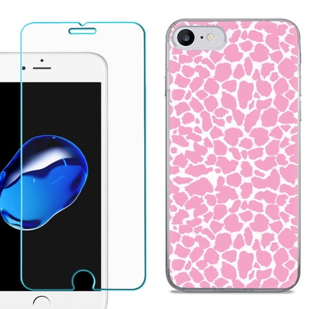 For Apple iPhone 7 / iPhone 8 Case, Slim-Fit TPU Phone Case, with Tempered Glass Screen Protector, by OneToughShield ® - Giraffe/Pink