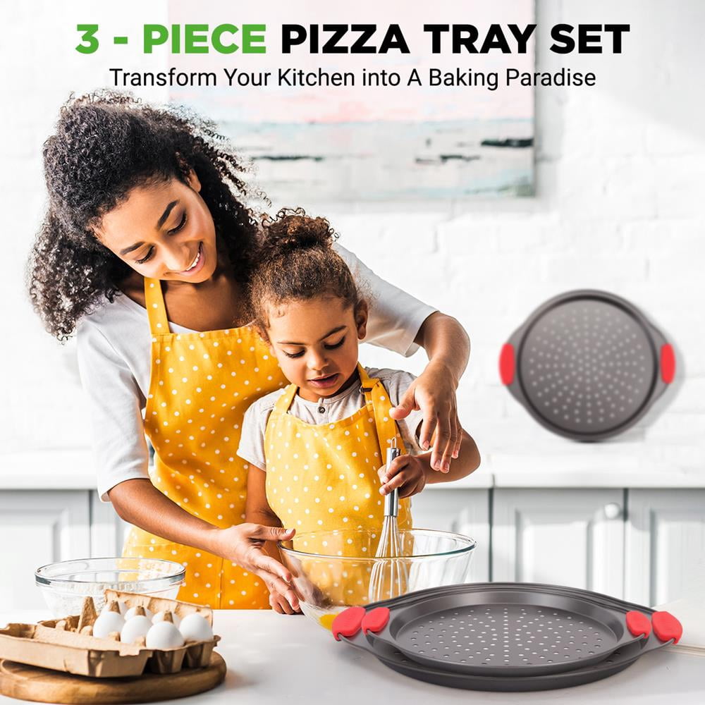 3 Piece Pizza Tray Set with Silicone Handle - Round Steel Non-stick Pan with Perforated Holes (Gray Coating)