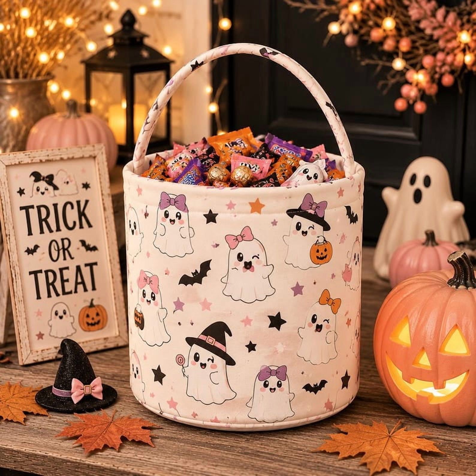 Pink Halloween Fabric Treat Basket Polyester Candy Holder with Handle Cute Fall Party Decor and Seasonal Gift