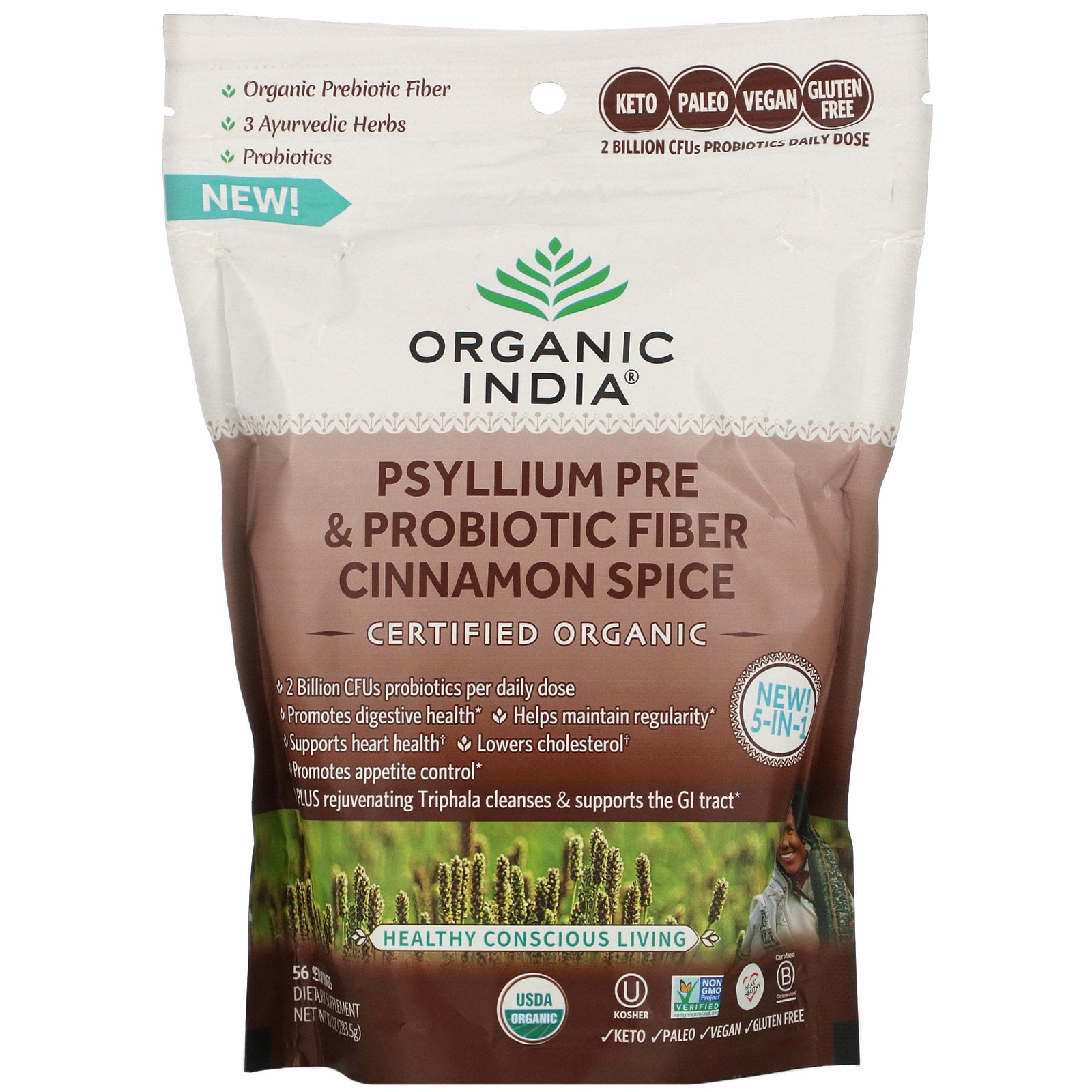 Organic India Psyllium Pre & Probiotic Fiber Powder Cinnamon Spice