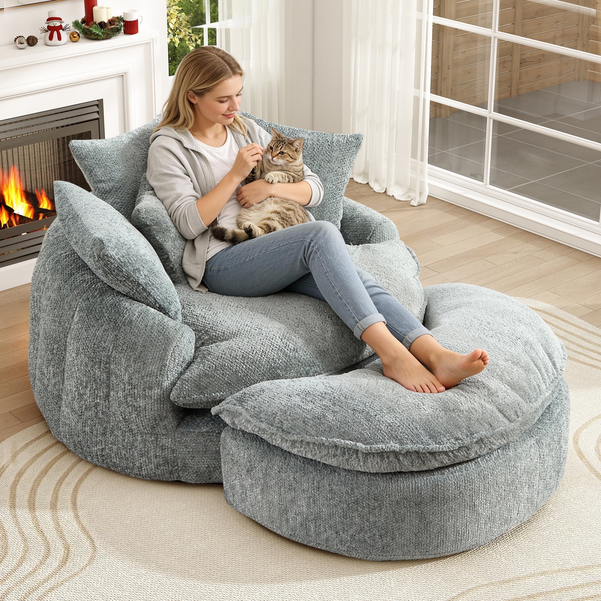 Aukfa 75" Oversized Round Chaise Lounge Chair with Half Moon Ottoman, Boneless Cloud Circle Deep Seat Sofa Set for Living Room, 5 Pillows, No Assembly Required, Light Blue