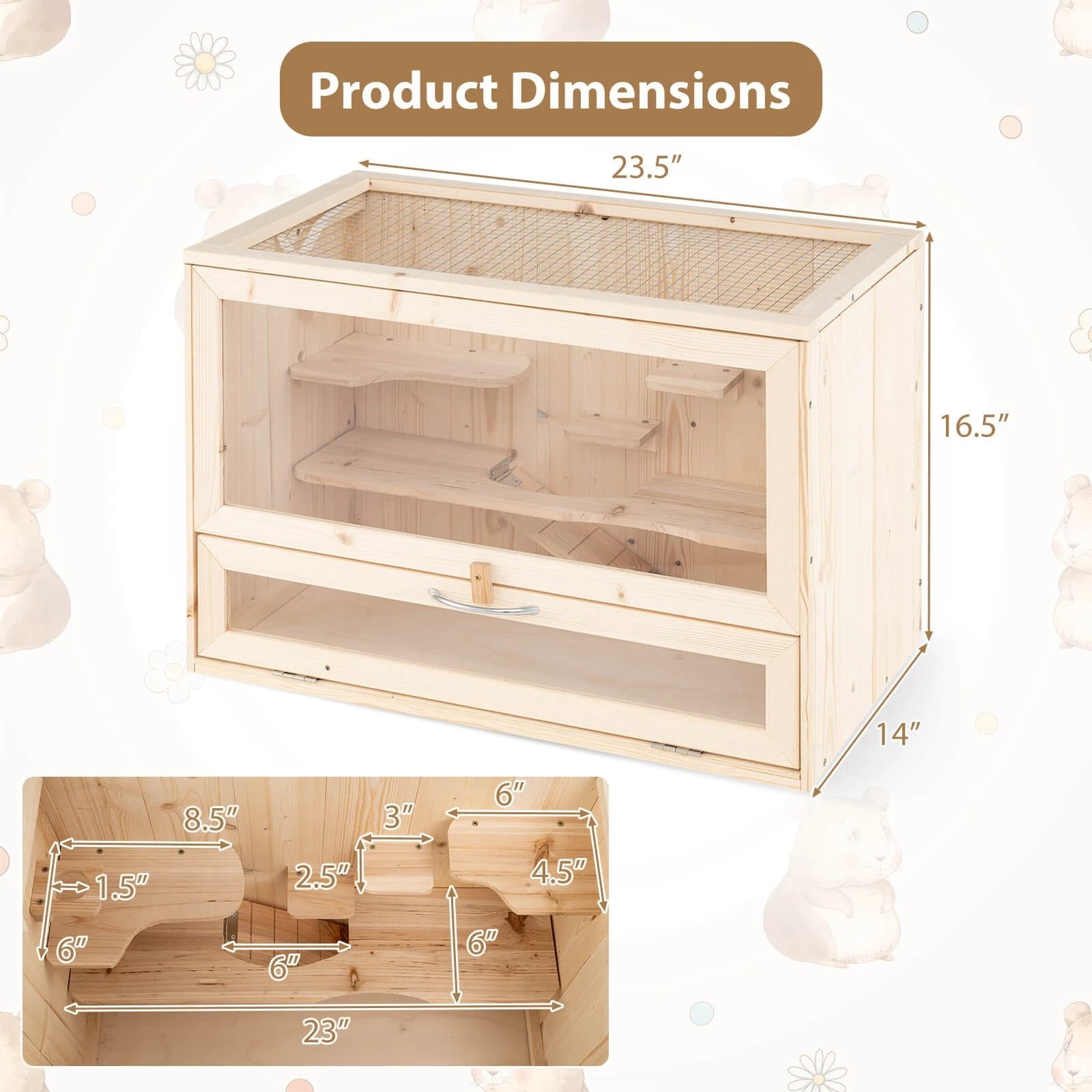 DRAZUNO Wooden Hamster Cage Hamster Habitat Playpen w/ Mesh Flip Roof Multi-Ladder Areas