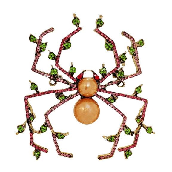 Vintage Oversize Gold Simulated Pearl Spider Brooch with Leaf Detail