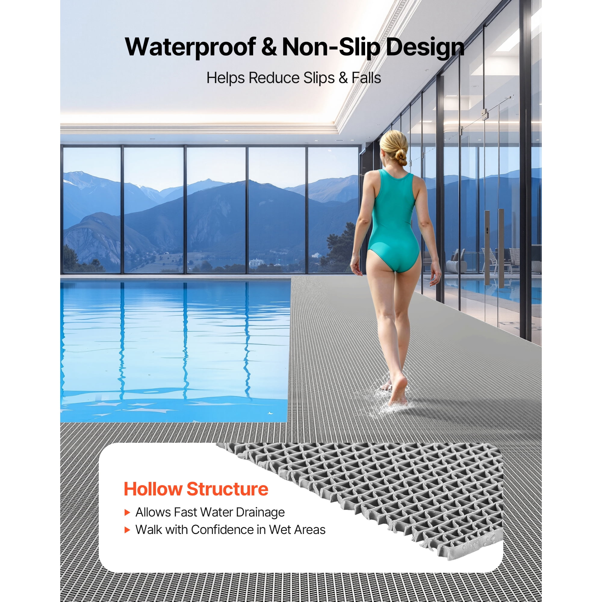 KFFKFF Drainage Mat, 3 x 16.4 ft, PVC Non-Slip Floor Mat for Wet Areas, Hollow Design Doormat Roll for Indoor and Outdoor Use in Restaurants, Pools, Patios, Bathrooms, and Washrooms, Gray
