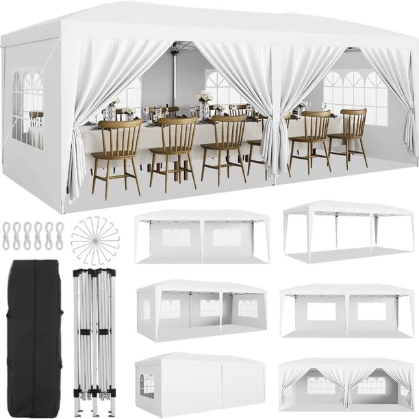Qinaqin 10 x 20 Resistente Pop Up Canopy Tent con 6 Removable Sidewalls Easy Commercial para Parties Grande Outdoor 3 Ajustable cm de Alturaeights Stakes X18 Ropes X6 Blanco