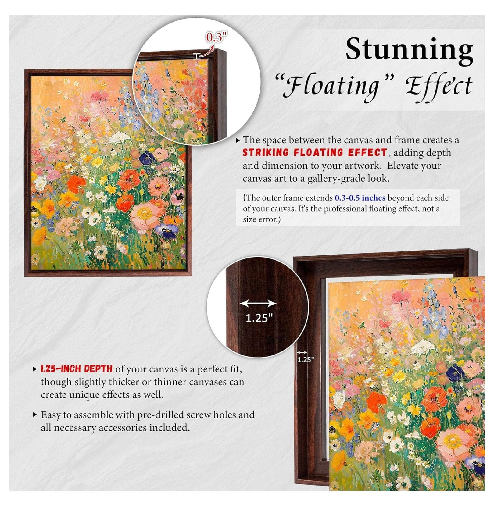 Floater Frame for 1.25 thick Canvas, Available in 25+ size and 4 Color, Perfect Floating Frame for Finished Canvas Artist Panel Oil Painting Wall Art Décor (Dark Oak Frame, 12x12)