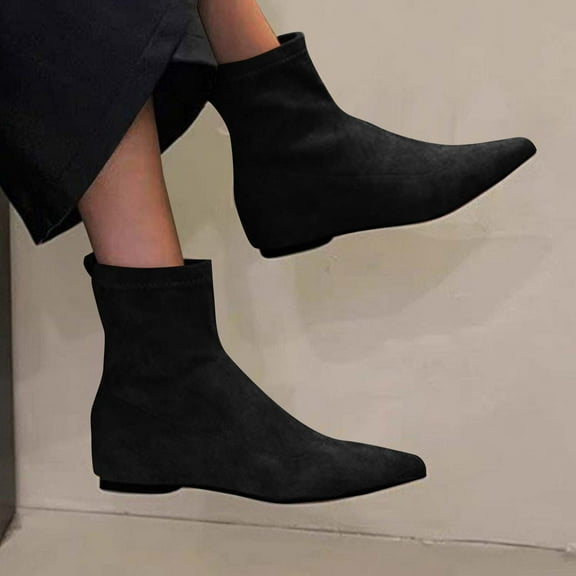 Bnwani Low Heel Boots for Women Fall Winter Fashion Pile Pointed Mid-Calf Versatile Casual Solid Sweet Suede Boot Black Size 5.5