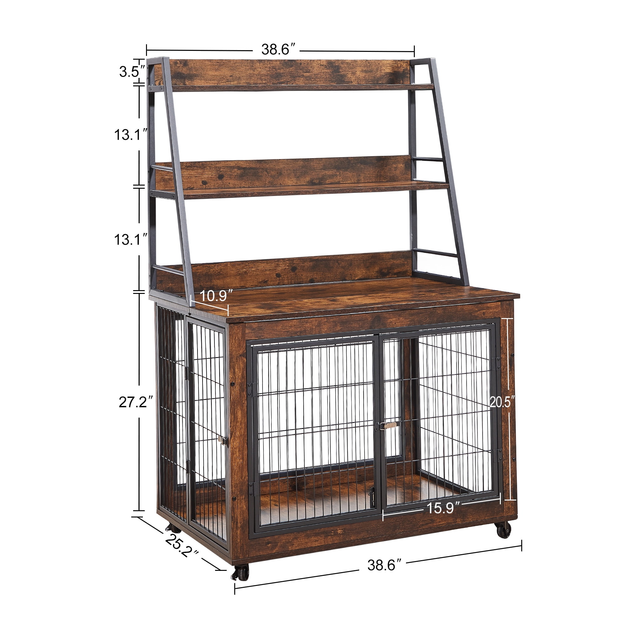 Pefilos 57" Wooden Dog Crate Furniture for Small Dog, Heavy Duty 3 Doors Dog Kennel, Indoor Dog Cage with 3-Layer Storage Shelf, Brown Pefilos 57" Wooden Dog Crate Furniture for Small Dog, Heavy Duty 3 Doors Dog Kennel, Indoor Dog Cage with 3-Layer Storage Shelf, Brown