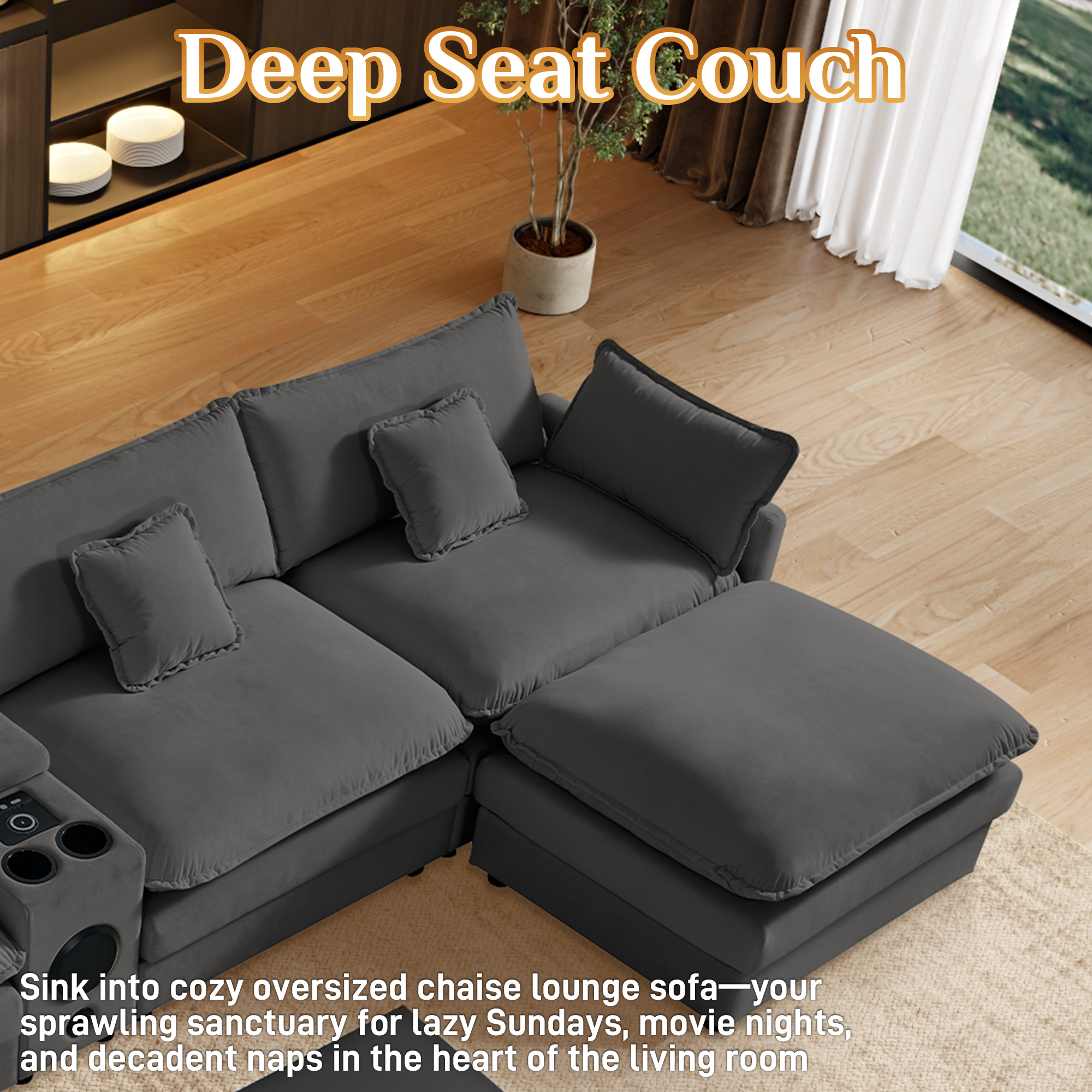 Wiilayok 162.6" U Shaped Sectional Sofa,Velvet Cloud Modular Sectional Sofa Couch Set with Double Chaise,Central Console,Cup Holder for Living Room,Gray