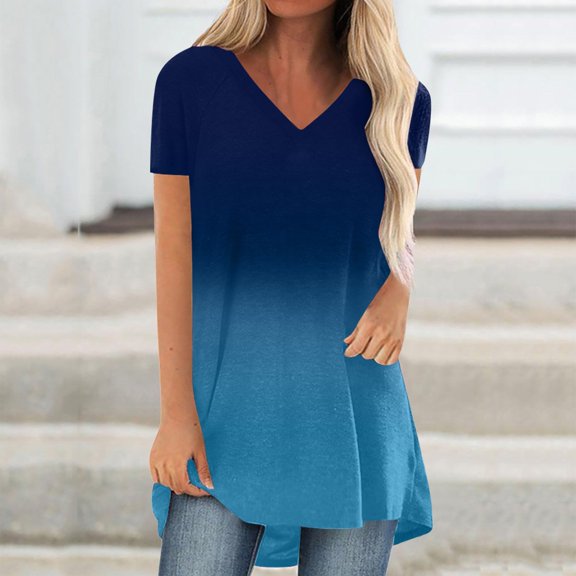 SHOPESSA Womens Tops Fashion Gradient Printed Blouse V-neck Short Sleeve Tunic Tops Casual Summer Long Shirts for Women to Wear with Leggings