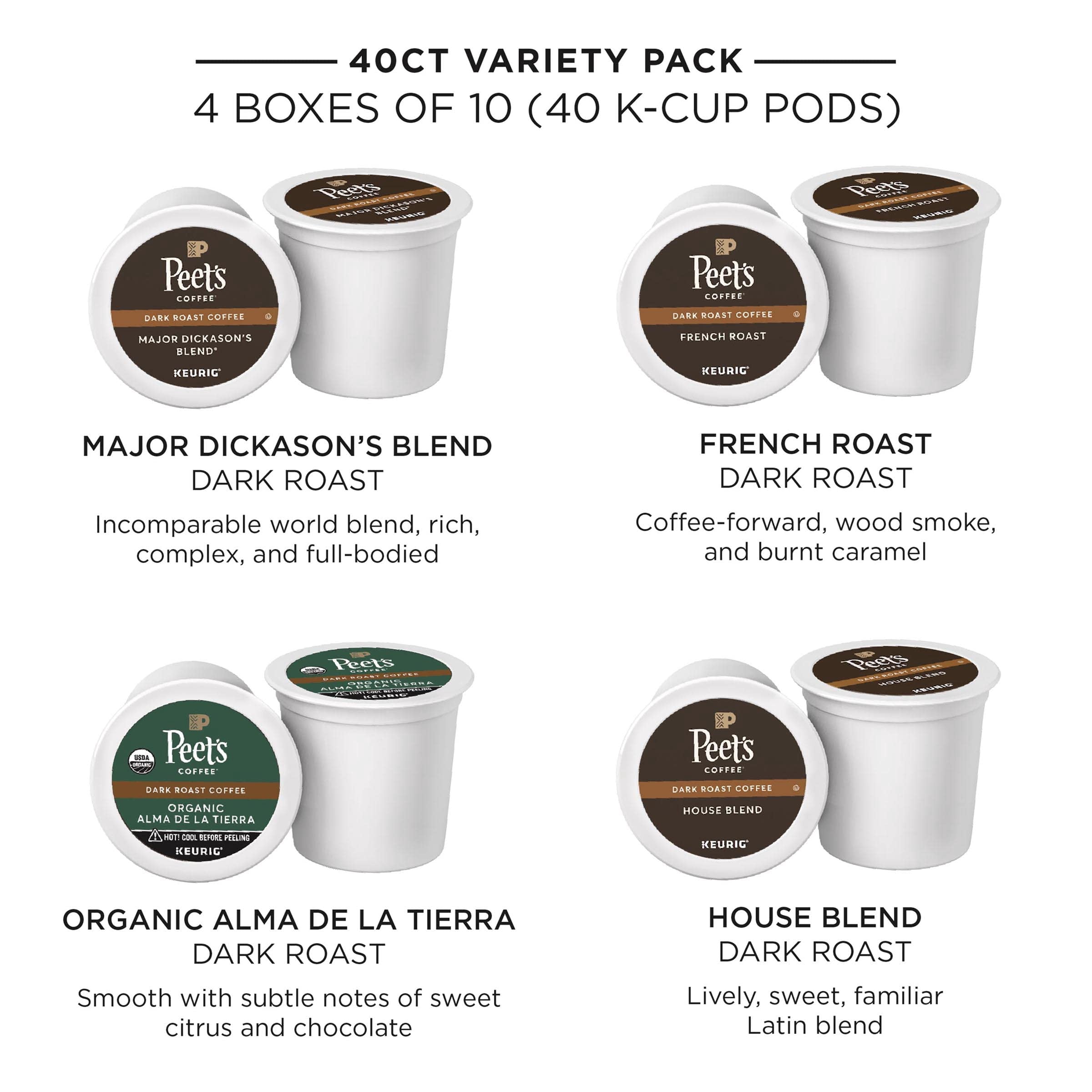 Peet's Coffee Dark Roast Keurig Coffee Pods - Assorted Selection Pack of Major Dickason's Blend, French Roast, Organic Alma De La Tierra, and House Blend - 40 Count (4 Boxes of 10 K-Cup Pods).