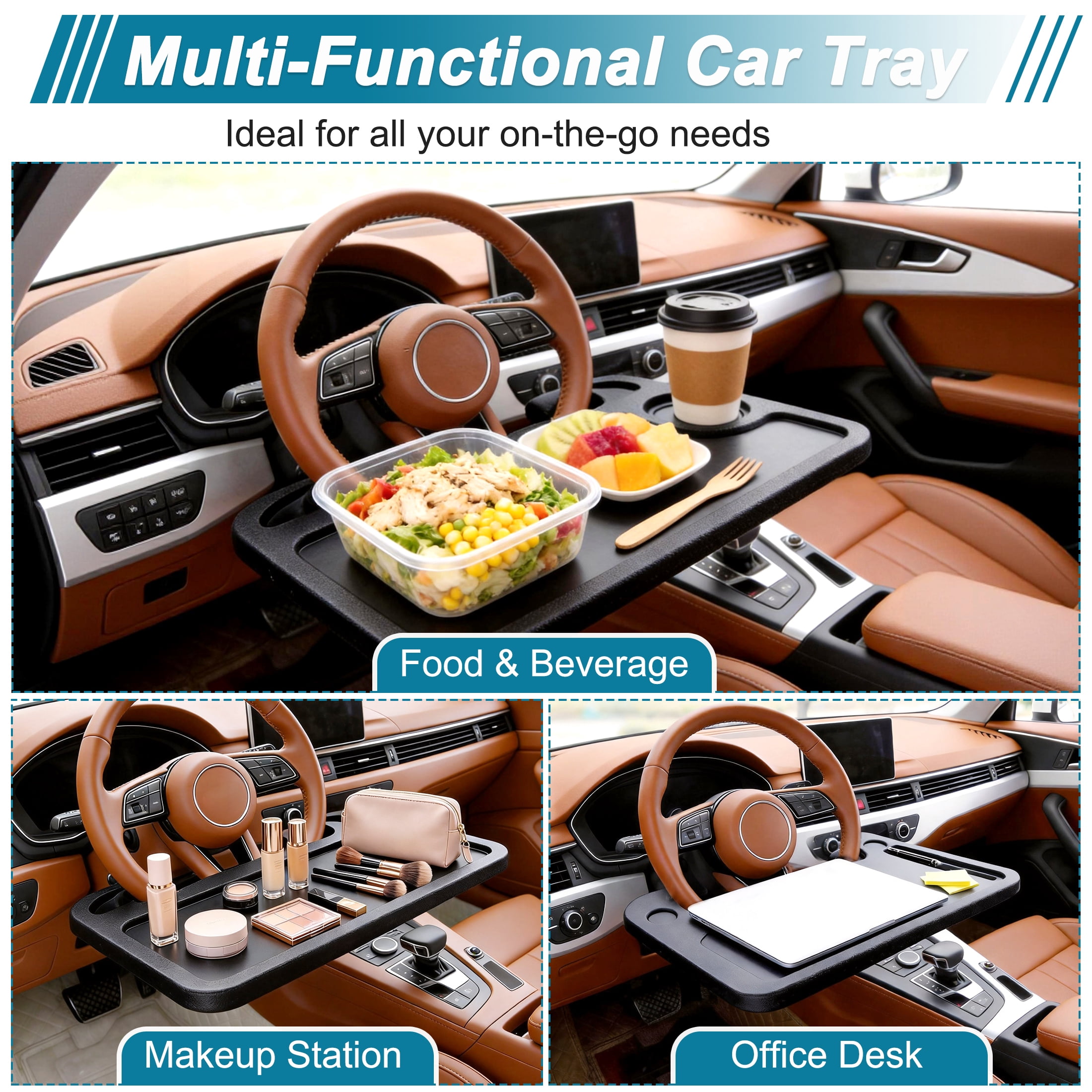 GARITIN Car Steering Wheel Tray, Multi‑Function Car Laptop Desk Table, Portable Auto Steering Wheel Work Food Tray for Eating Working Notebook