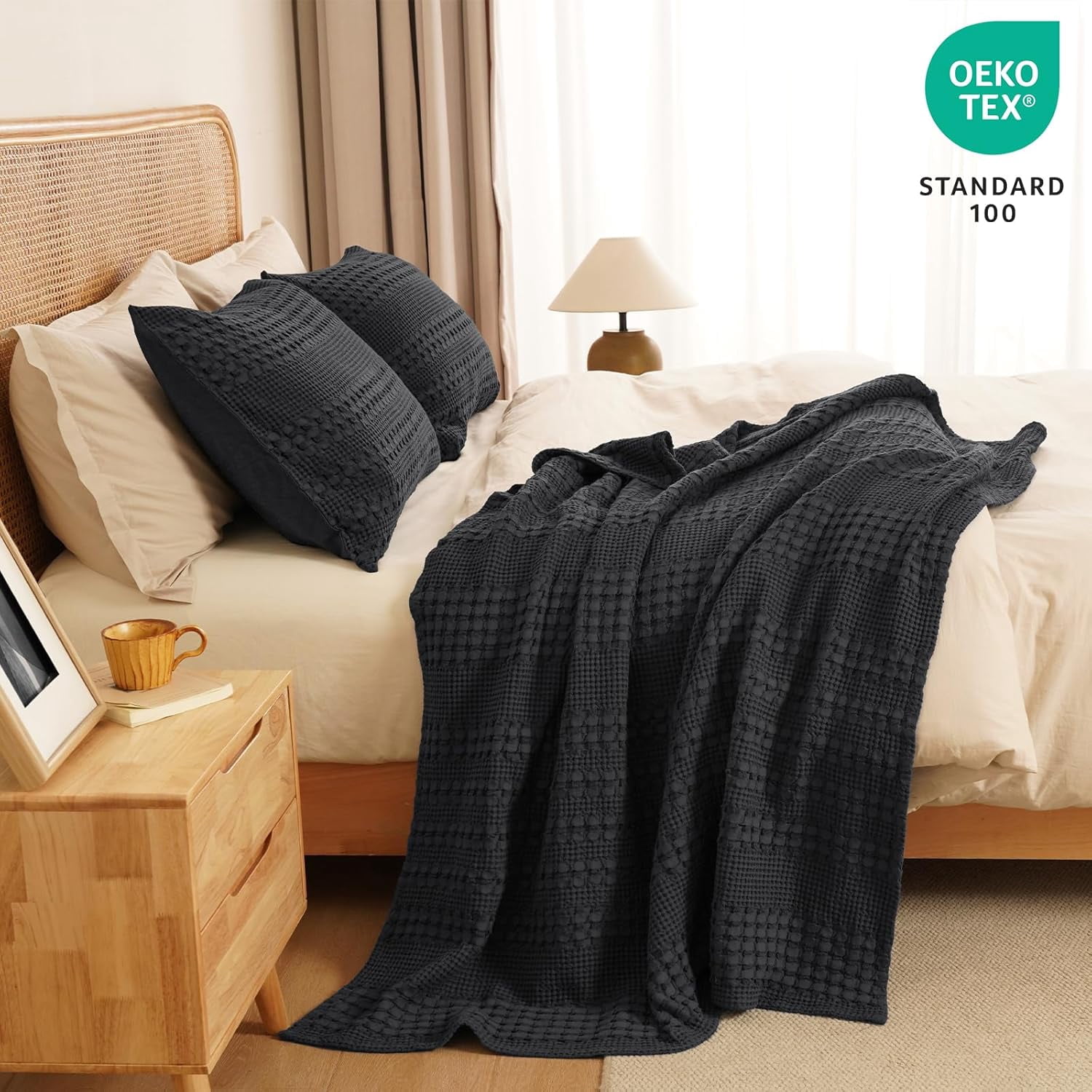 PHF 100% Cotton Waffle Weave Blanket, Lightweight Throw Washed Blanket for Bed Sofa Home Decor, Black, 50"x60"