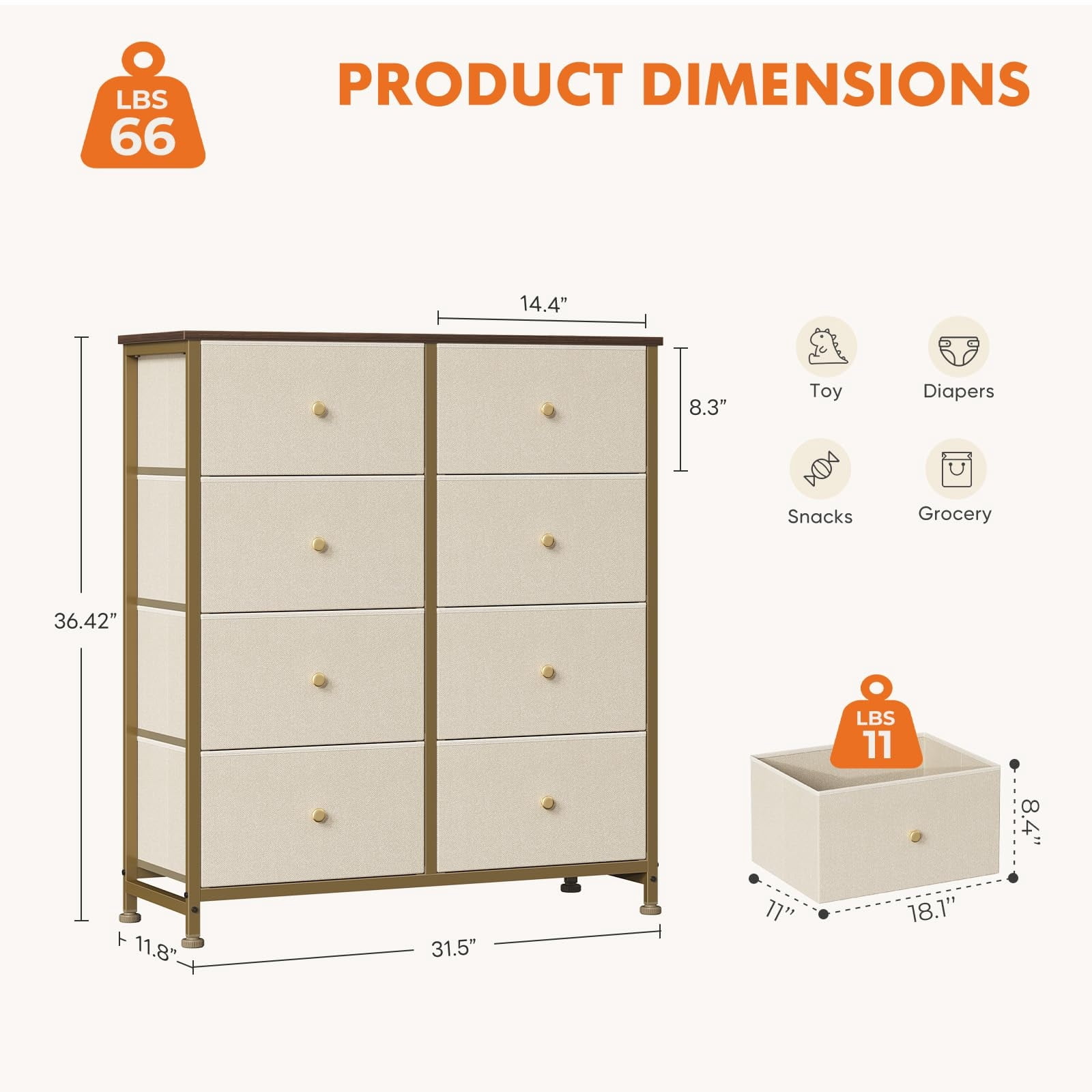 Telyra 8-Drawer Fabric Dresser Tall Storage Tower with Wood Top and Steel Frame Bedroom Closet Organizer, Khaki
