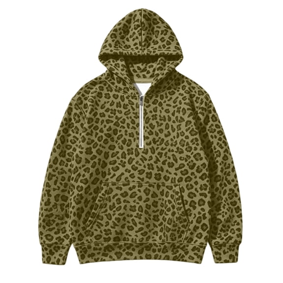 Kiijoy Girls Leopard Hoodie Half Zip Loose Pullover Sweatshirt, Sizes 1-16
