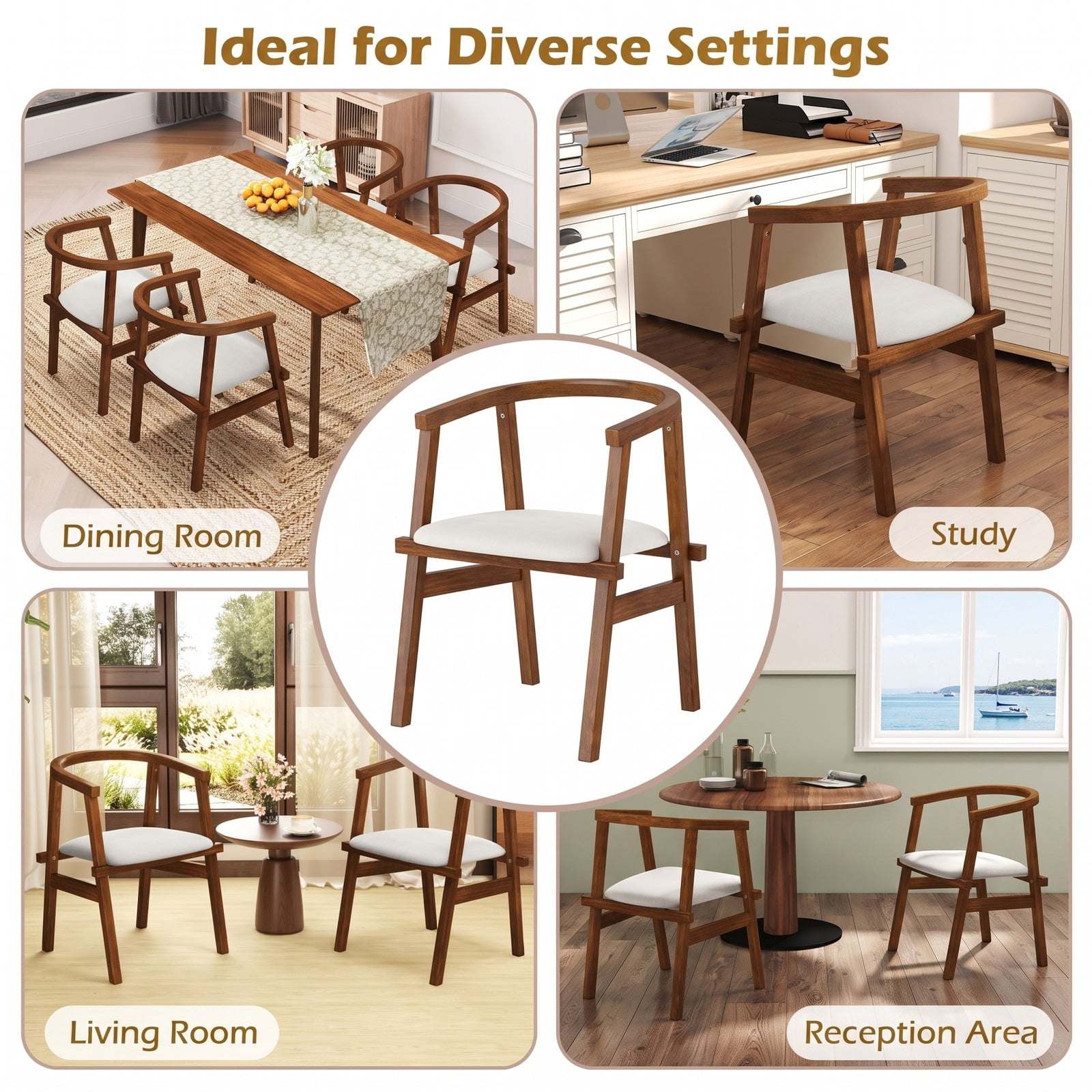 Furnibear Set of 2 Solid Rubber Wood Dining Chairs, Upholstered Wrap-Around Armrest Kitchen Side Chairs with Curved Backrest for Home Dining Room, Walnut & Beige